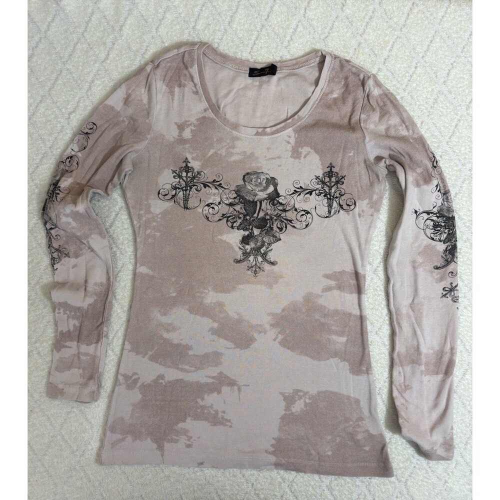 Seven Woman’s Pink 2-Sided Floral Design Long Sleeves Tshirt Size Small